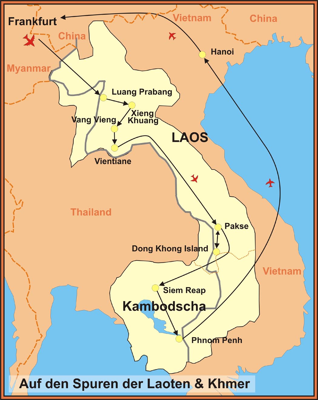 Reiseroute Laos Reisen + Kambodscha Reise